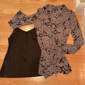 Two piece top. Black cammy and shear blouse with jeweled buttons .